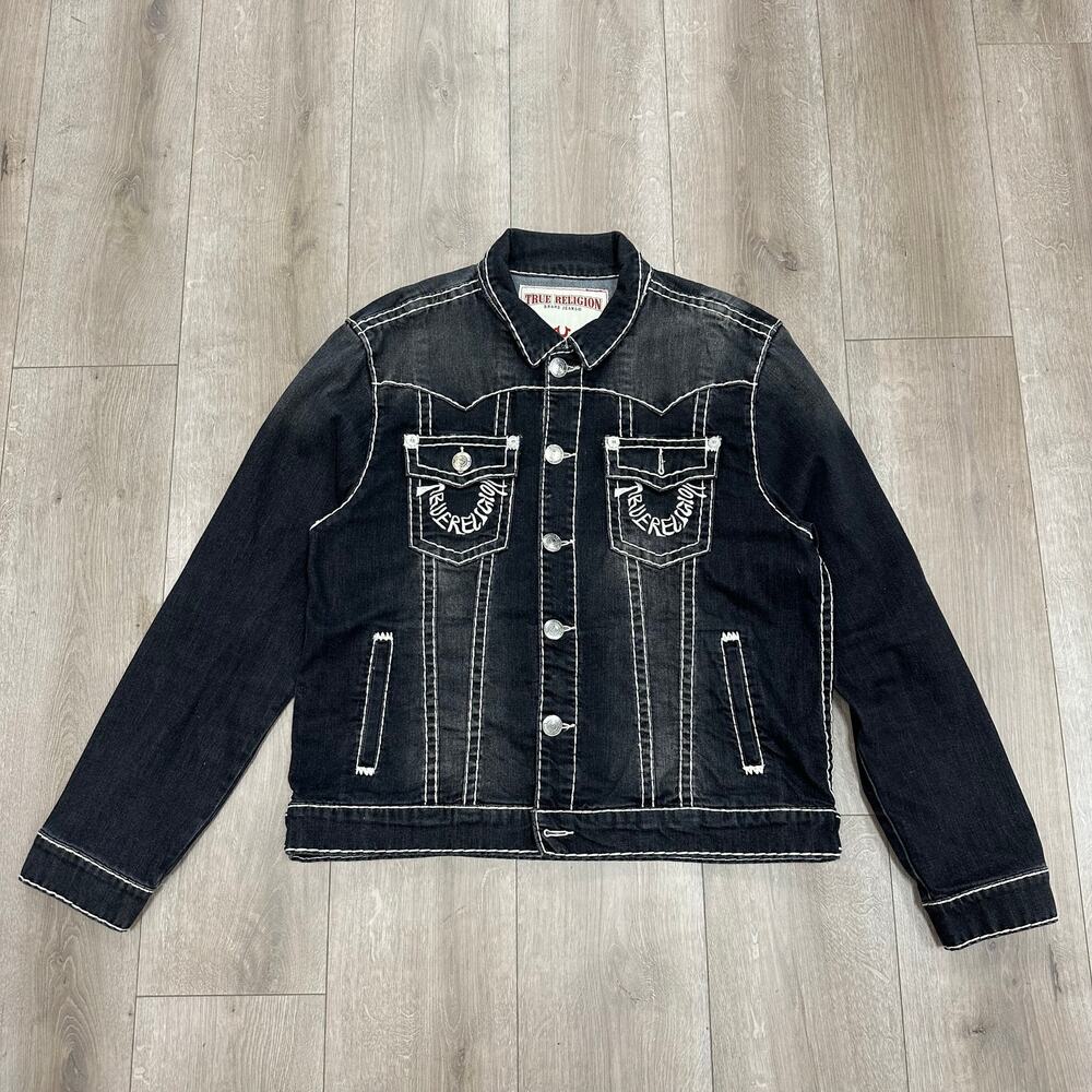 True Religion Jimmy contrast-stitch denim jacket washed black size XXL 2XL B23